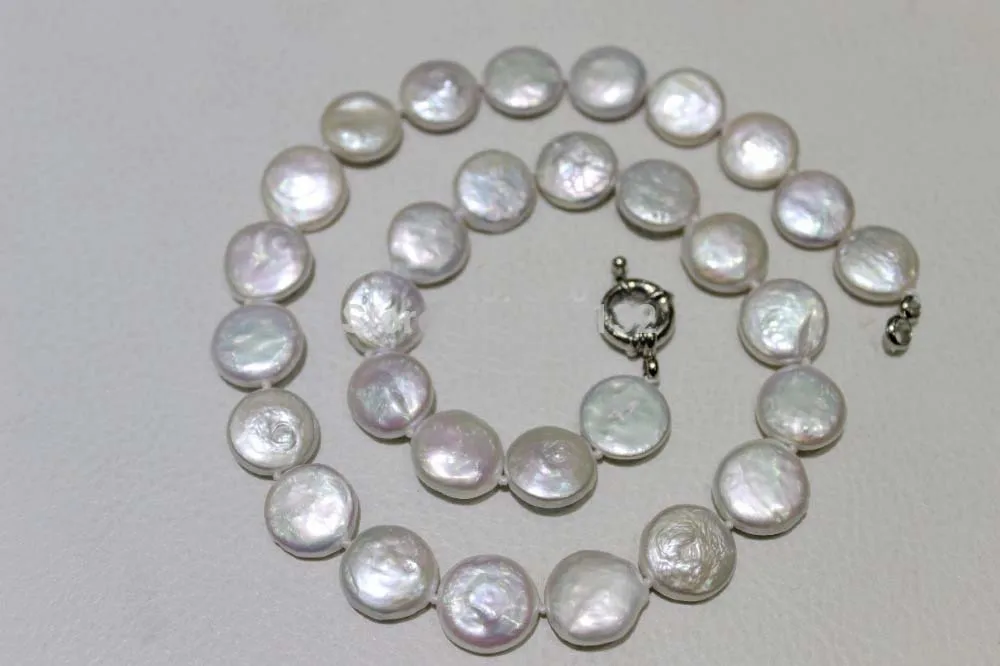

very good Natural Fresh water pearl necklace Coin shape white12-13 mm 17INCH Metal clasp Unusual Fine Bridal Silver hook Sh