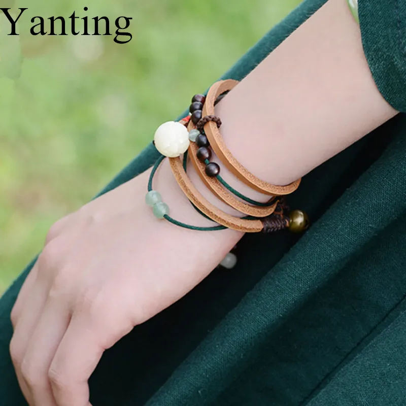 

Yanting Ethinc Leather Bracelet Charms Lotus Flower Beads Natural Stone Bell Tibetan Bracelet Femme Vintage Wrap Bracelets Women