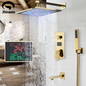 

Newly Bathroom Faucets Luxury Gold Bathroom Faucet Mixer Tap Wall Mounted LED Rain Shower Head Bathtub Spout Shower Faucet Sets