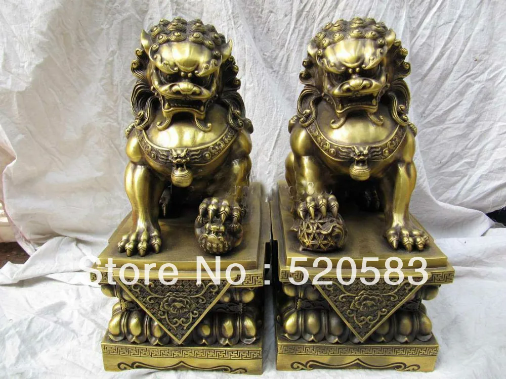 

pair 17'' pure bronze sculpture can avoid evil spirits lion fu foo dog statue