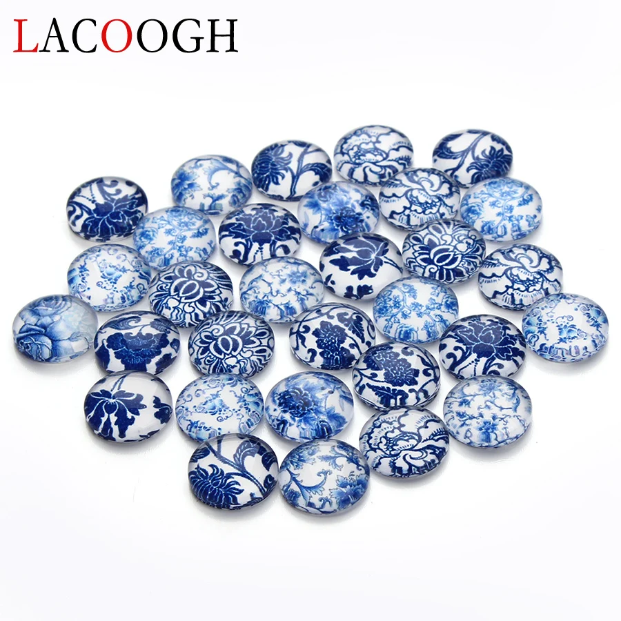 

30pcs Dome FlatBack Blue White Porcelain Photo Glass Cabochon Beads 12mm for DIY Necklace Blank Base Jewelry Making Findings