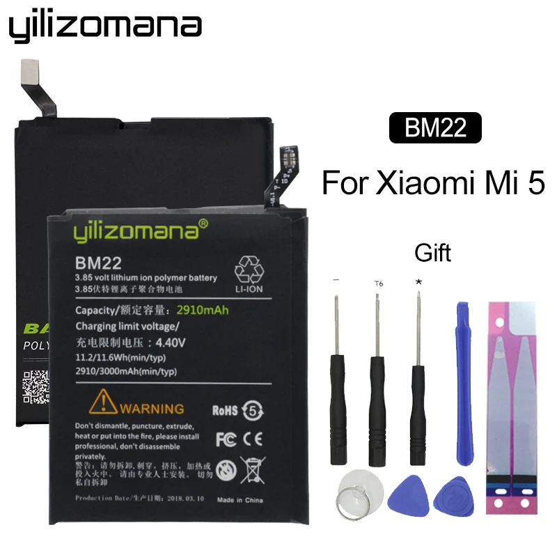

YILIZOMANA Original Phone Battery BM22 2910mAh for Xiaomi Mi 5 M5 Mi5 Replacement Batteries High Quality Retail Package + Tools