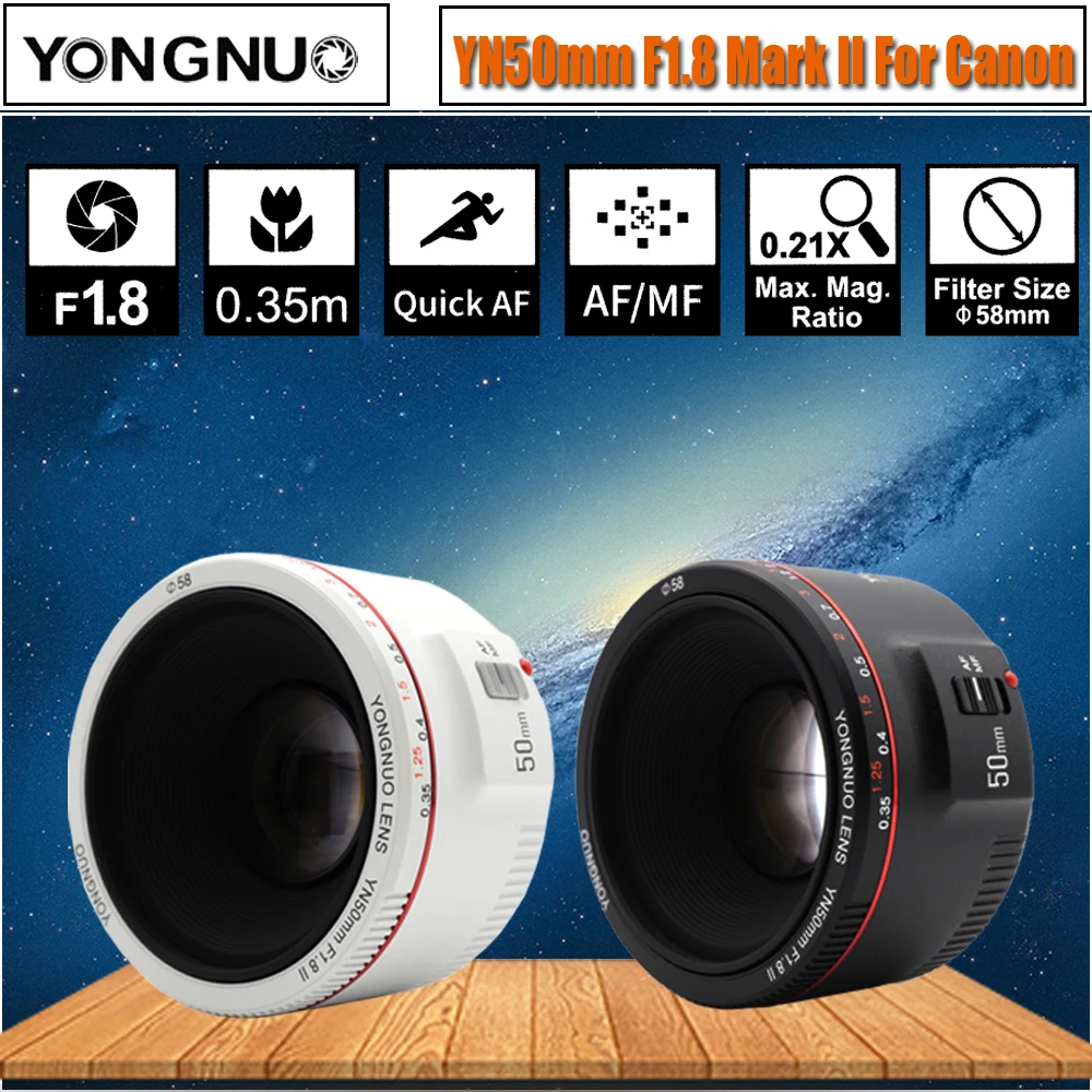 Объектив YONGNUO YN50mm F1.8 II с большой апертурой и автофокусом белый для Canon с эффектом боке объектив камеры EOS 70D 5D II 5D3 600D DSLR