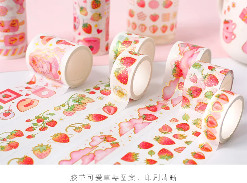 Cute Strawberry Party Series Bullet Journal gold Washi Tape Decorative Adhesive Tape DIY Scrapbooking Sticker Label Stationery