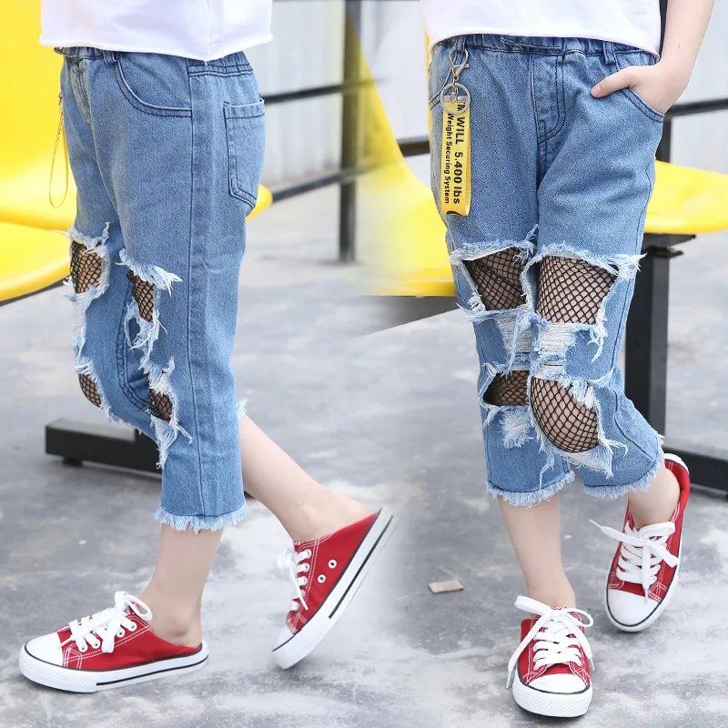 

Summer 2017 Big Boy Girls Pants Children Child Models Jean Girls Mesh Hole Seven Pants Clothing