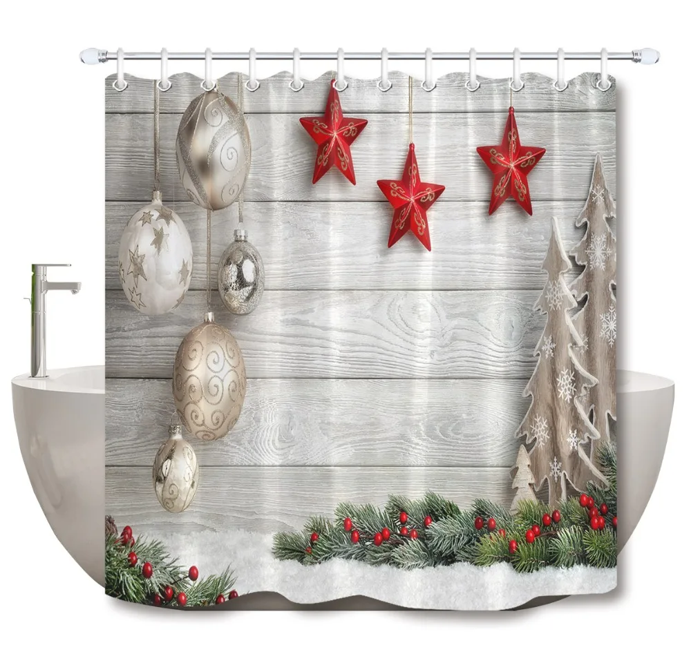 

Red Star & Christmas Ball & Fir Tree Shower Curtain Rustic Vintage Wooden Board Bathroom Waterproof Fabric For Bathtub Decor