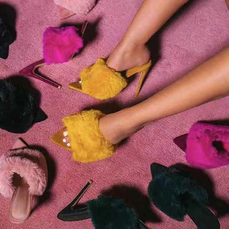 2019 محطة الأوروبية الصنادل الحلوى اللون الفاخرة الأرنب الفراء صنادل عالية الكعب النعال كبيرة النساء أحذية حجم 35-43