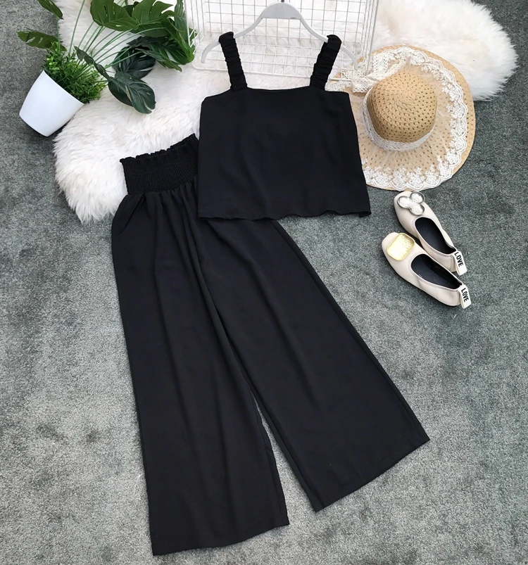 

Amolapha Women Solid Straps Tops Loose Trousers Suits Woman Summer Casual Tank Top+Wide Leg Pants Set