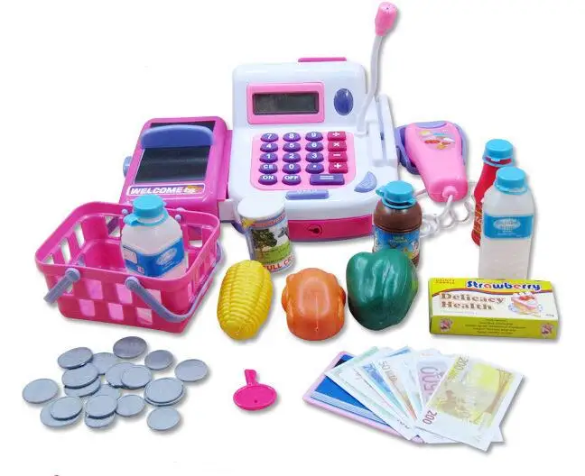 Детский супермаркет кассовый аппарат электронные игрушки с едой корзина деньги дети обучающий Обучающий набор для ролевых игр
