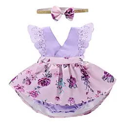 Летнее платье для маленьких девочек кружева Flare рукавом фиолетовое платье с цветочным рисунком с Детская повязка для волос Костюмы