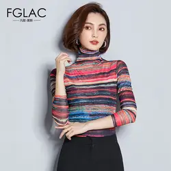 FGLAC Для женщин Осень футболка модные повседневные Длинные рукава водолазка сетка топы элегантный тонкий рубашка в полоску Большие размеры