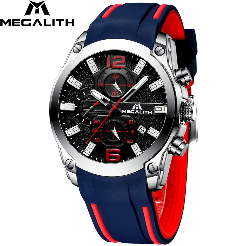 MEGALITH Men Sports Watches Waterproof Luminous Hands Chronograph Analog Quartz Watches Silicone Rubber Strap Relogio Masculino