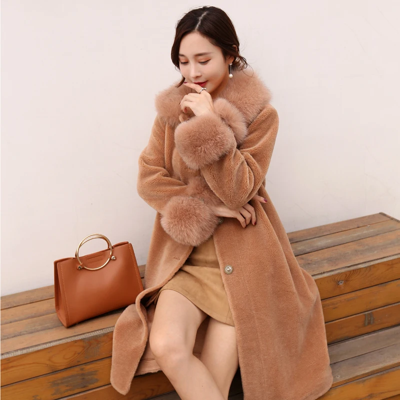 Printemps Manteau Femelle Laine black Tcyeek Femmes Automne Manteaux blue red D'hiver Fox Des Moutons Fourrure Lwl1366 Beige Desert Col white Naturel Réel Veste Parka De Vêtements Tonte 76yYgbf