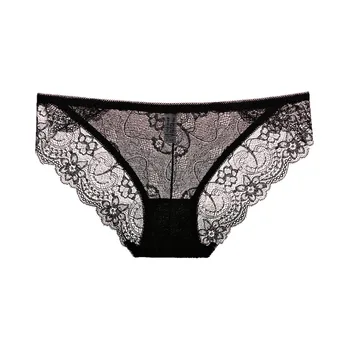 

DERUILADY Solid Color Women Underwear Brief Comfort Mid Waist Lace Sexy Panty Hollow Transparent Panties Seamless female Panties