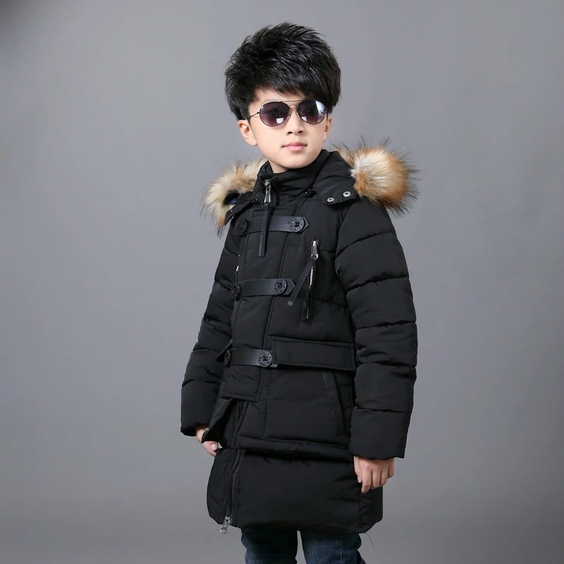 

2019 Winter Children's Long Thickening Cotton-Padded Clothes Coat Boys Leather Buckle Wadded Jacket Kids Outerwear Clothing A30