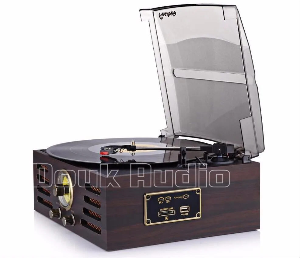 Douk аудио Bluetooth проигрыватель Phono LP Виниловый проигрыватель& AUX& AM/FM радио& USB& SD/MMC карты 220 В