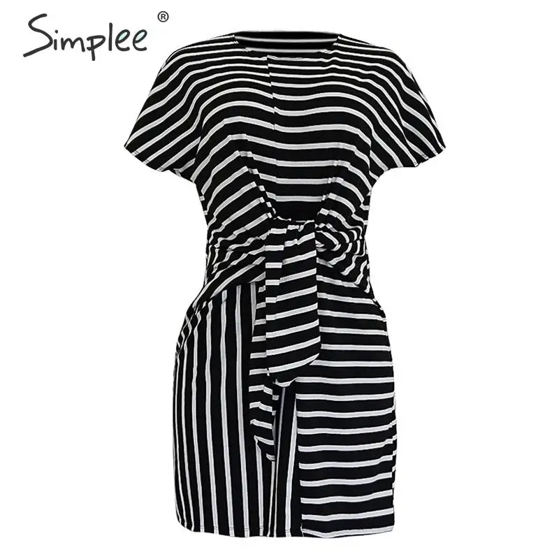 Летнее женское короткое платье Simplee, в полоску, повседневное эластичное хлопковое однотонное платье большого размера с O-образным вырезом, коротким рукавом - Цвет: Striped