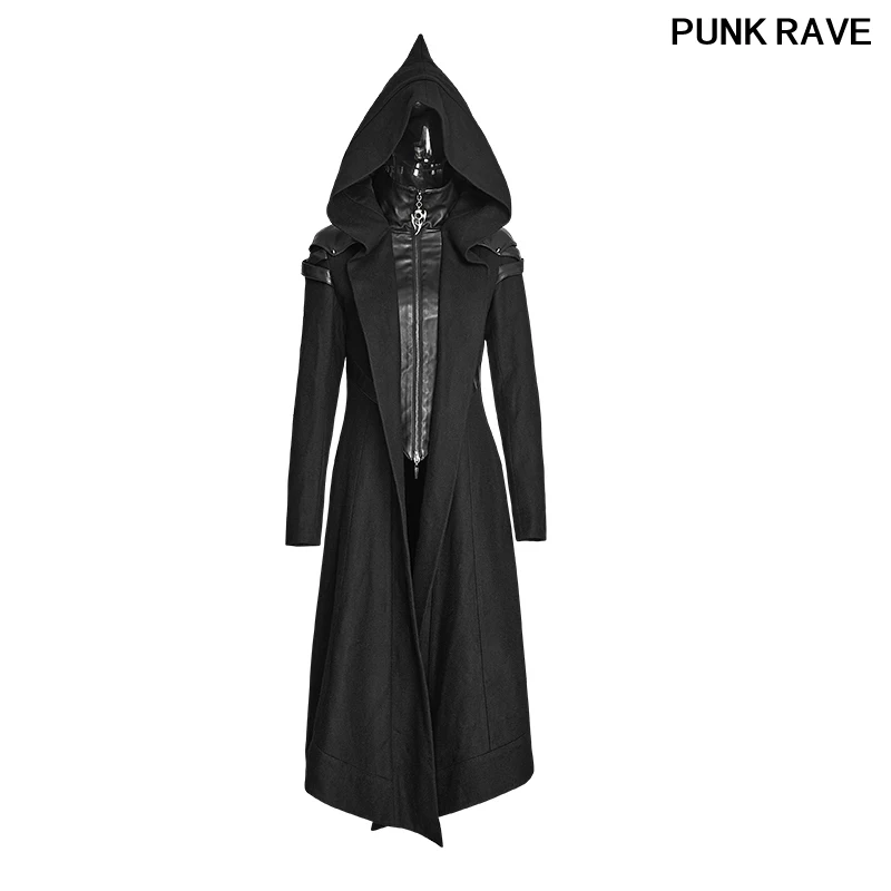 

Gothic Zipper Bandage Fake Two Pieces Hooded Coat Steampunk Palace Noble Black Women Woolen Jacket Overcoats PUNK RAVE Y-611