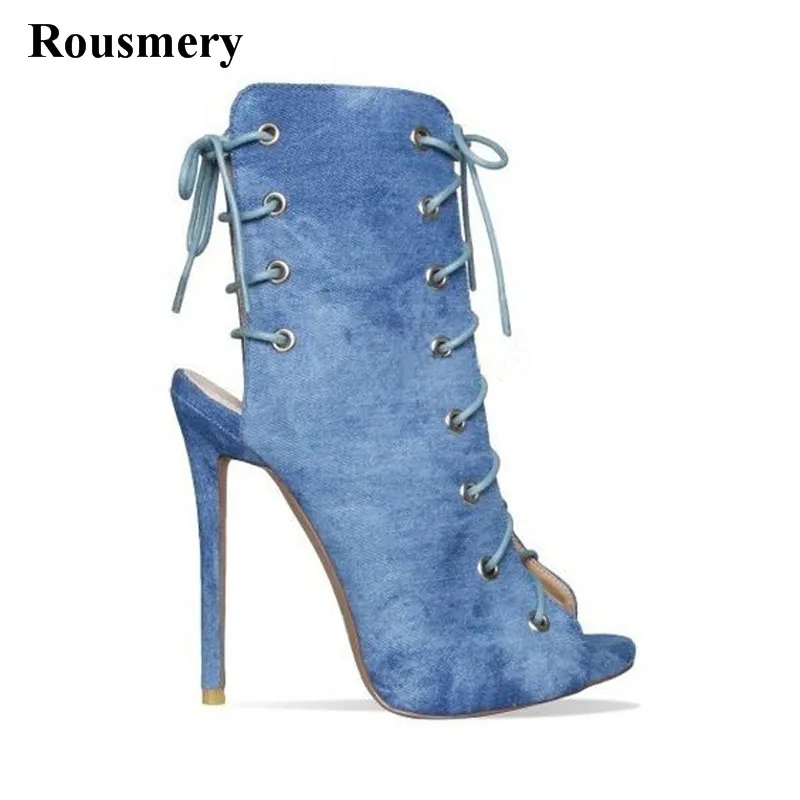 2017 New Design Women Fashion Open Toe Lace-up Ankle Gladiator Boots Cut-out Denim High Heel Short Boots Thin Heel Dress Shoes 2017 New Design Women Fashion Open Toe Lace-up Ankle Gladiator Boots Cut-out Denim High Heel Short Boots Thin Heel Dress Shoes