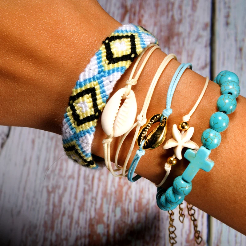 

MOON GIRL 22 Styles Shell Bracelet Set Cross Starfish Boho Weave Fashion Friendship Charm Pulseras Femme Yoga Jewelry Wholesale