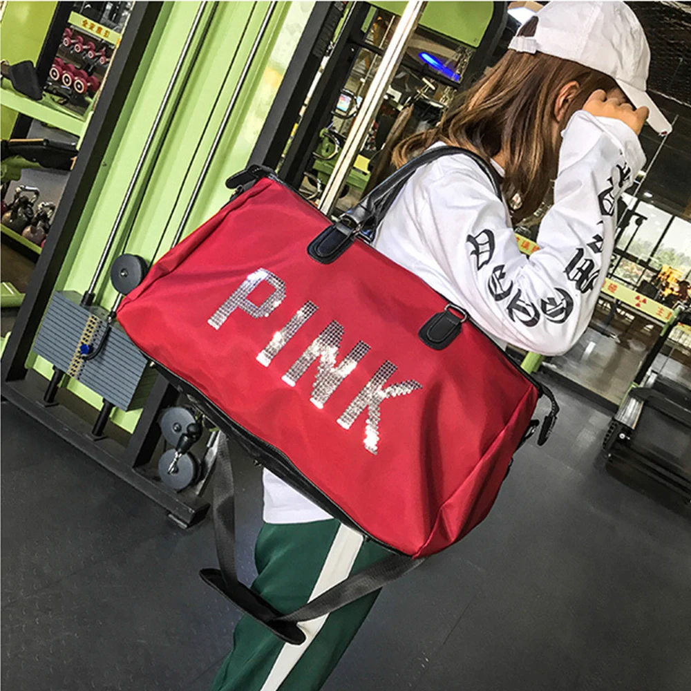 2019 Wobag Ladies Black Travel Bag Pink Sequins Shoulder Bag Women Handbag Ladies Weekend Portable Duffel Bag Waterproof Wash17
