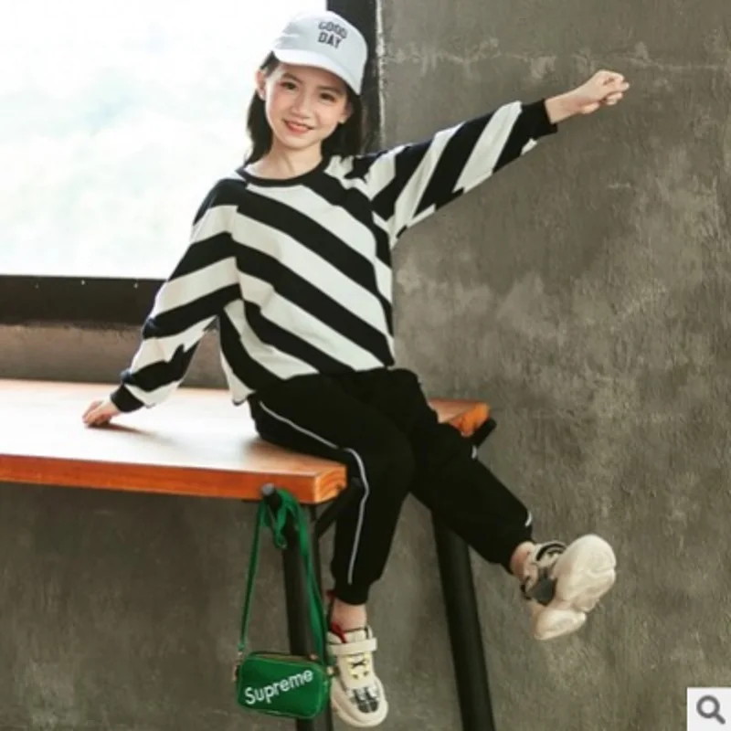 

Kids Clothes Sets 2019 New Spring and Autumn Girls Clothing set Children Sports Pant Striped Color Suits 2 Piece Size4-14 ly057