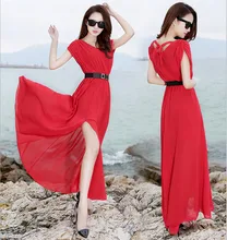 Women Summer Dress 2016 V-neck Long Chiffon Bohemian Beach Silk Women Dress Sexy Bow Decoration Ladies Vestidos With Blet