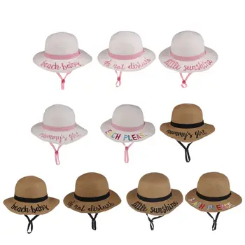

Letter Embroidery Cap Big Brim Children Kids UV Protect Summer Straw Hat Girls Boys Shade Sun Hats Beach Hat