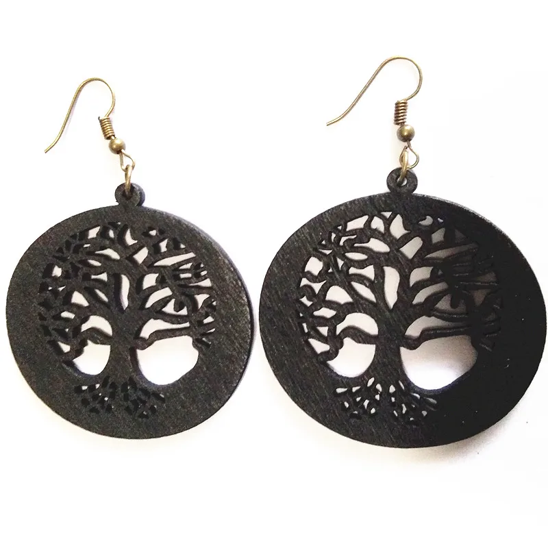 

6 Style Black Life Tree Earrings Hollow Wood Earring Natural Circle Retro Flower Earrings Trendy For Party Gift Women Earrings