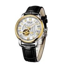 2017 Mige New Hot Luxury Skeleton Gold Case White Black Leather Strap Japan Automatic Movement Waterproof Mechanical Man Watch