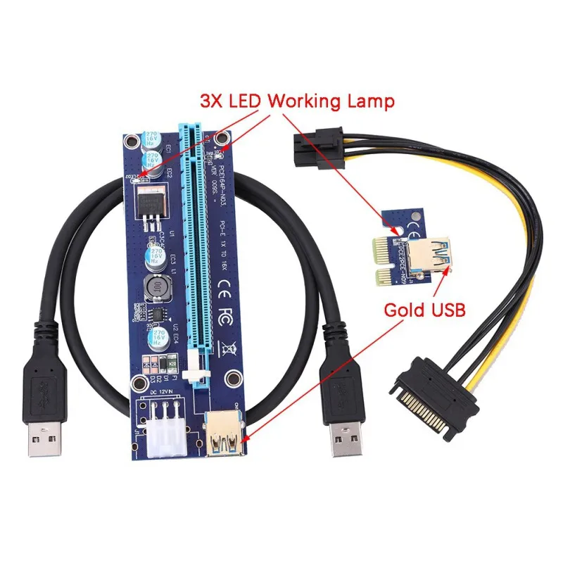 

EDAL PCI-E 009S Riser 6 Pin 16X for BTC Mining with 3 LED Express Card Sata Power Cable and 60cm Gold USB 3.0 Quality Cable