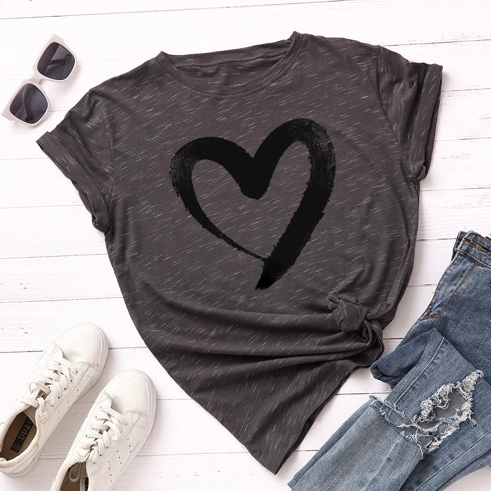

Spring and summer new style Ink heart pattern round neck cotton t-shirt fashion and casual cotton Solid color short sleeves