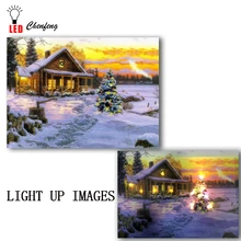7 цветов Изменение мерцающие светодиоды освещенные холст печать Рождество Зима пейзаж домик в снегу картина маслом холст стены Искусство Декор подарки