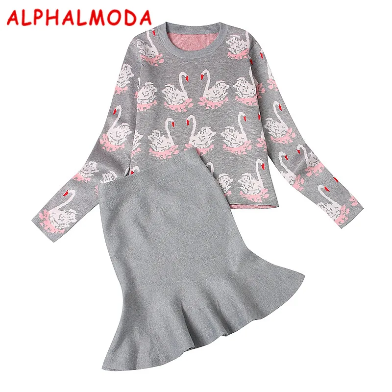 

[ALPHALMODA] 2017 Winter Women's Knitting Pattern Sweater and Skirts 2pcs Sets Brand Design Popular Pattern Clothing Sets