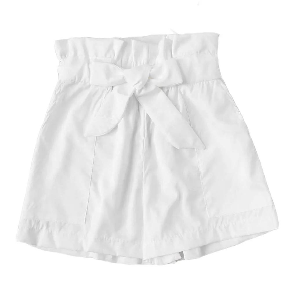 Новые летние женские шорты с карманами, полиэстер, высокая талия, длина до колена, одноцветные, повседневные, летние, спортивные брюки, бант, шнурок, feminino - Цвет: Белый