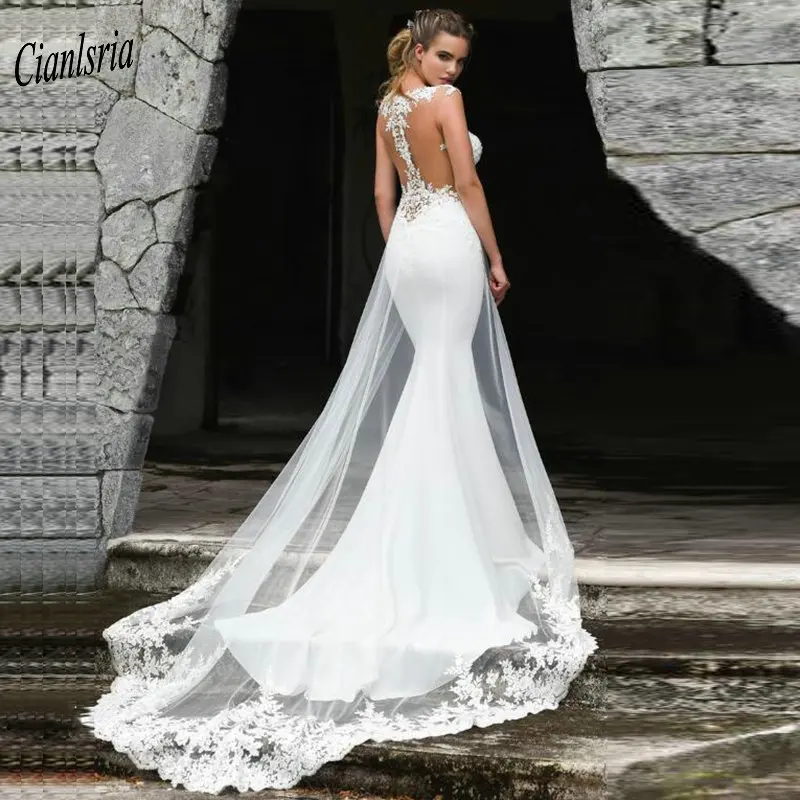 

Newest Cap Sleeve Long Mermaid Wedding Dress 2019 Appliques Lace Detachable Train Long Wedding Dresses Vestido de Noiva