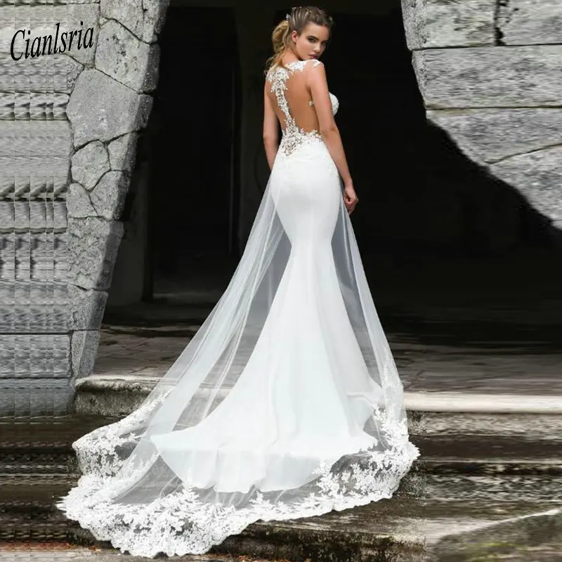Newest Cap Sleeve Long Mermaid Wedding Dress 2019 Appliques Lace