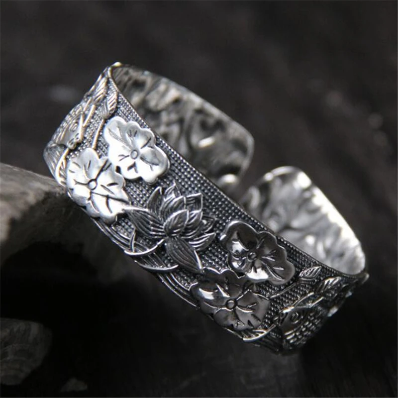 

New Women Jewelry S999 Silver Lotus Flower Fish Opening Cuff Bangle Charm Bracelet for Gifts Jewelry Width 19.70mm 54.80G