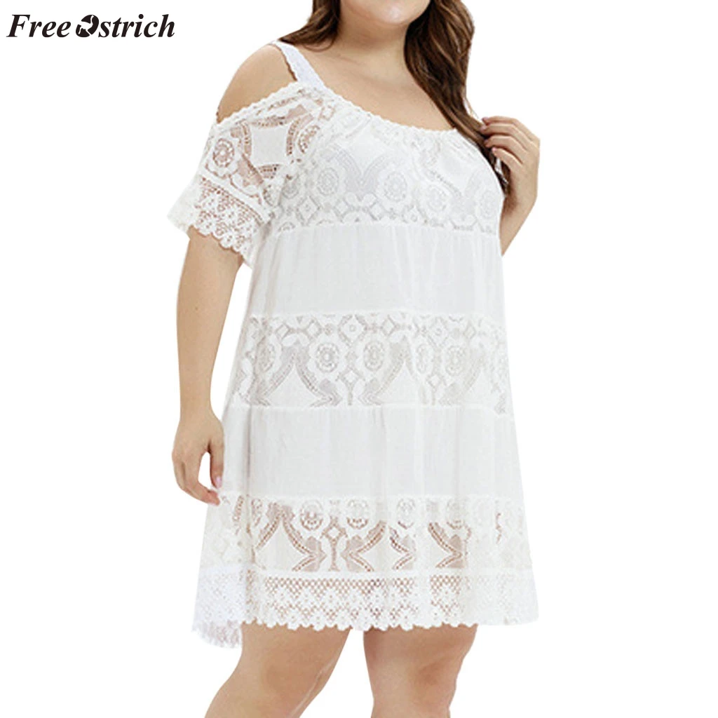 

FREE OSTRICH Fashion women's sexy knit large size solid color simple short-sleeved O-neck lace hollow comfortable dress 2019 new