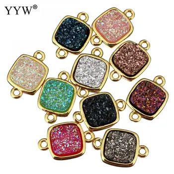 

10pcs/lot Jewelry Connector Beads with Ice Quartz Agates Stone Square Real Gold Color 1/1 Loop Connector for Necklace Making DIY