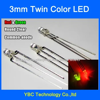 

100pcs/lot 3mm Red Green LED Common Anode 3Pin F3 Round Water Clear Diodes