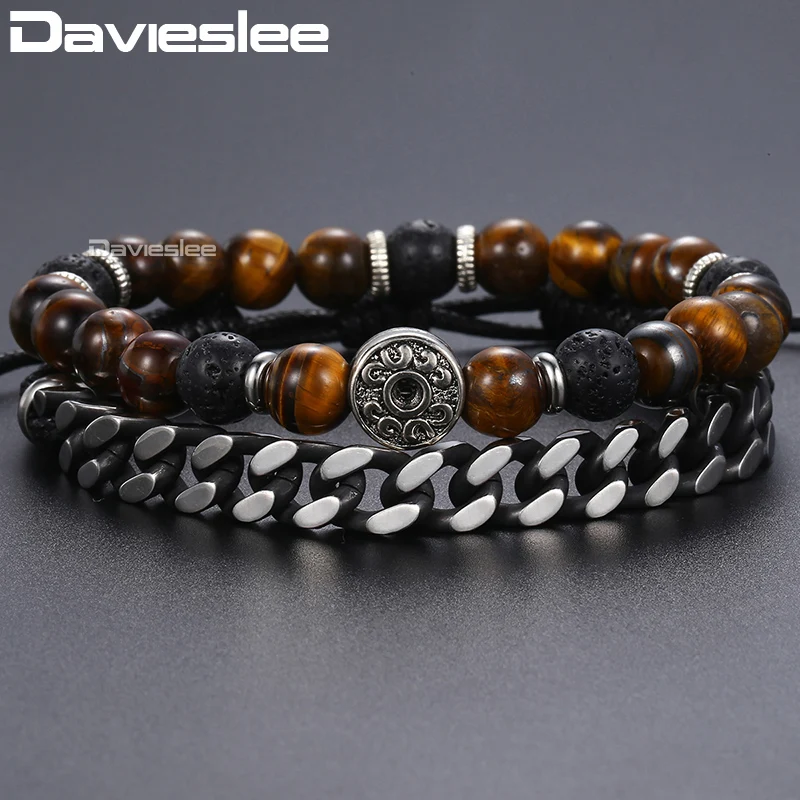 

Bracelet for Men Tiger Eye Stone Man-made Leather Stainless Steel Curb Chains Adjustable Lave Beaded Mens Bracelets Gift DLB68