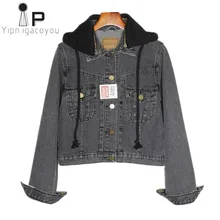 Винтажная Весенняя джинсовая куртка для женщин новая harajuku большого размера серая с капюшоном короткая джинсовая куртка Женская Повседневная Базовая куртка женская