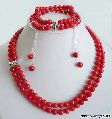 

Hot sale 2 Rows Red Coral Beads 18KWGP Clasp Necklace Earrings Bracelet