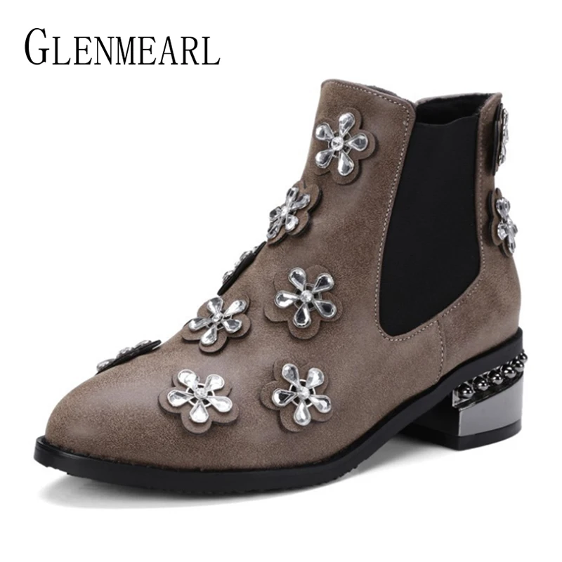 

Winter Boots Women Shoes Warm Ankle Boots Chelsea Rhinestone Casual Shoes Woman Thick Heels Pointed Toe Plus Size Short Boots DE