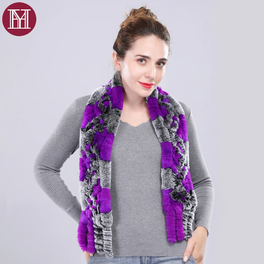 Women winter real rex rabbit fur scarf soft knitted handmade tassel warm lady genuine rabbit fur muffler color block brand