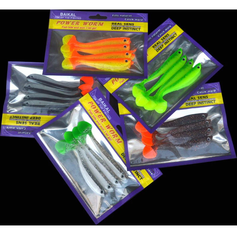 

Hot Sale Soft Lure Bait 4 Pieces/Bag Fishing Artificial Lures Handmade 11cm/6g Dual Color T Tail Boot