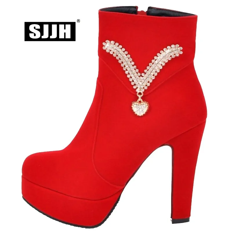 

SJJH Women Flock Ankle Boots with Round Toe Chunky Platform Crystal Short Plush Martin Boots Fashion Party Shoes Large Size Q531
