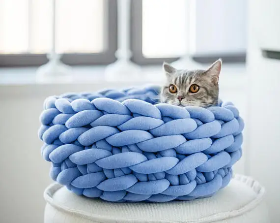 Круглая Вязаная кровать для питомца собаки кошки щенка клетка пещера дом мягкий теплый домашний коврик для питомца - Цвет: blue