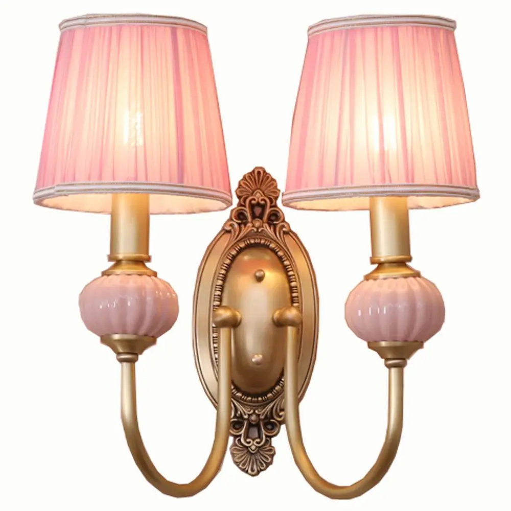 

American Princess Pink Fabric Bedroom Bedsides Wall Light Study Room Copper Wall Sconces Balcony Children Corridor Wall Lamps